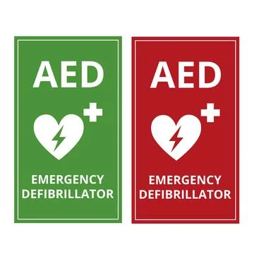 Green and red AED emergency defibrillator sign isolated on a white background Stock Illustration