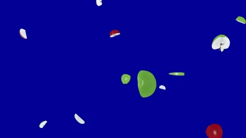 Green and Red apple sliced falling down from the top blue screen effect Stock Footage 322893906