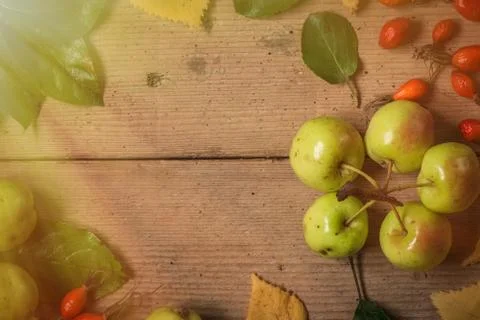 Green and red apples on rustic  table. toned photo. Stock Photos