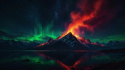 Green and red aurora view over burning mountains and a calm lake. 4K Stock Footage 296665015