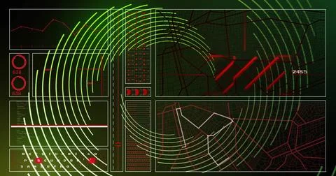 Green and red digital interface with circular patterns over data processing Illustrazione stock