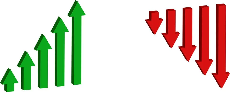 Green up and red down 3d arrow graph. 3d world money symbols Stock Illustration