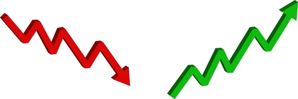 Green up and red down 3d arrow graph. 3d world money symbols Stock Illustration