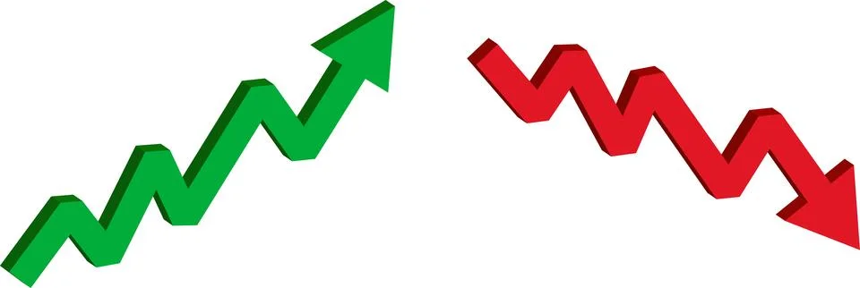 Green up and red down 3d arrow graph. 3d world money symbols Stock Illustration