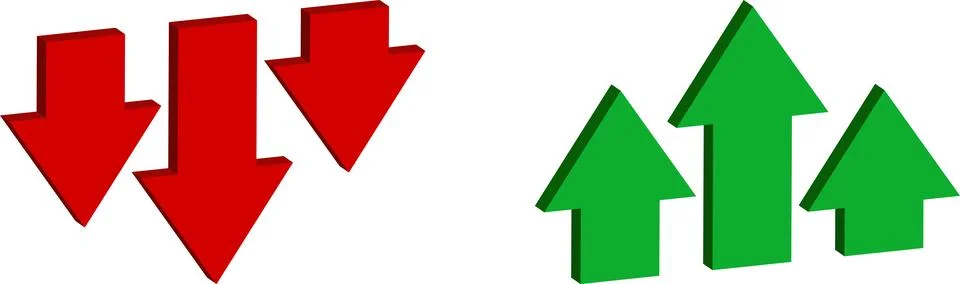 Green up and red down 3d arrow graph. 3d world money symbols Stock Illustration