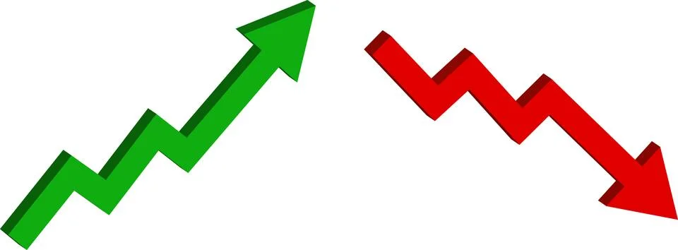Green up and red down 3d arrow graph. 3d world money symbols Stock Illustration
