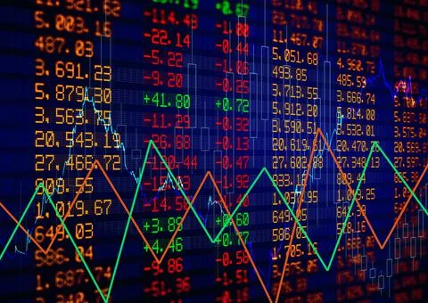 Green and red graphs over stock market data processing on blue background Illustrazione stock