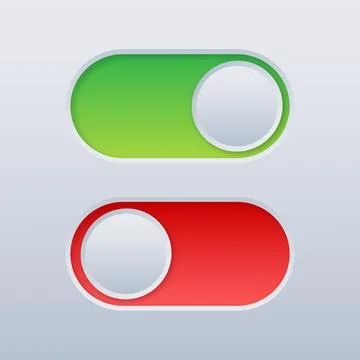 Green and Red Slider Toggle Buttons in a Glossy Design for User Interface, On 스톡 일러스트