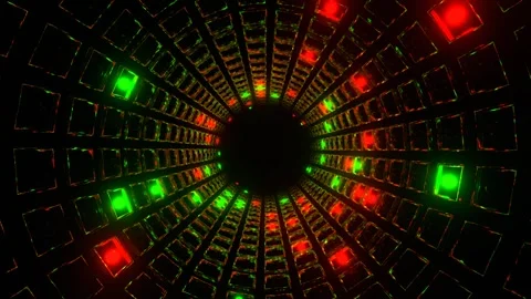 Green and Red Strobe Mirrored Square Elements Tunnel Background VJ Loop in 4 Video stock 267881244