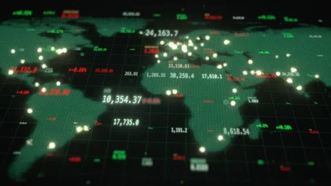 Green And Red Ticker Rows Across A Dark World Map Board Stock Footage 343246689