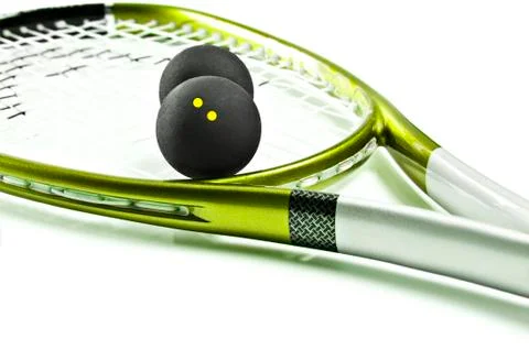 Green and silver squash racket and balls Stock Photos
