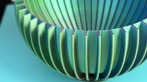 Green and teal spherical object with ribbed segments and a glowing effect Stock Footage 310627702