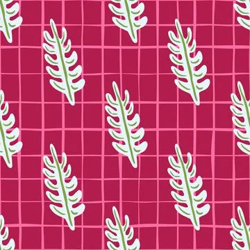 Green and white colored leaf branches ornament seamless pattern. Pink chequer Stock Illustration
