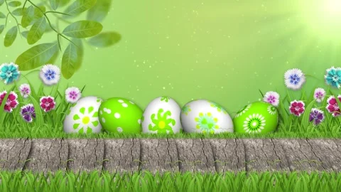 Green and white decorated eggs, old wooden planks path, green grass, colour.. Stock Footage 306077945