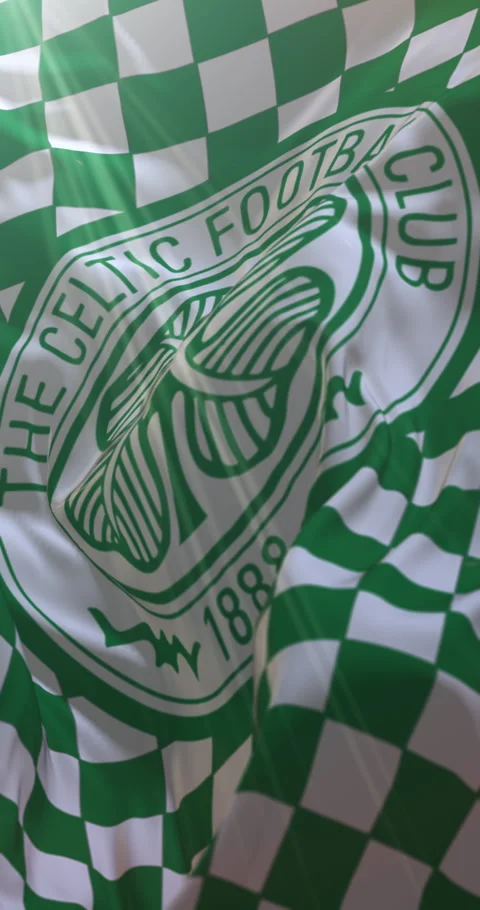 Green and white flag of Celtic Football Club F.C., loop. 4K Vertical. 11/04/2025 Stock Footage 308073377