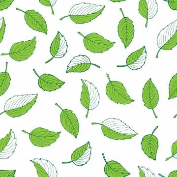 Green and white seamless pattern with leaves. Doodle garden print. Hand drawn Stock Illustration