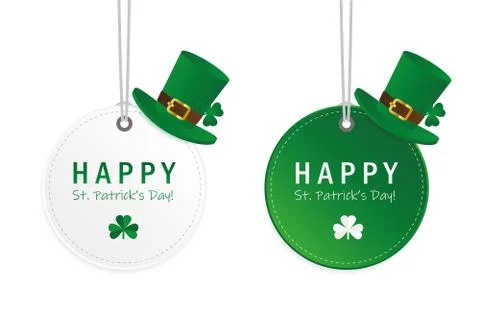 Green and white St. Patricks Day hanging round label with hat and clover Stock Illustration