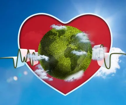 Green and white waveform with green earth and red heart Stock Photos