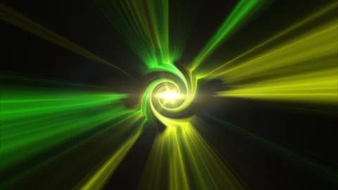 Green and yellow abstract light tunnel with glowing spiral core, radiant be.. Stock Illustration