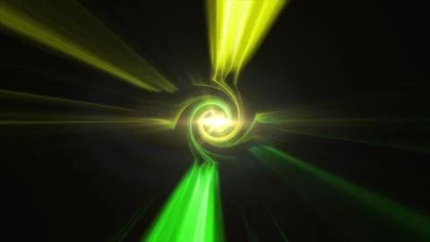 Green and yellow abstract light tunnel with glowing spiral core, radiant be.. Stock Illustration