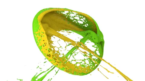 Green and yellow paint splashes collide in slow motion and form ring (FULL HD) Video stock 37036731
