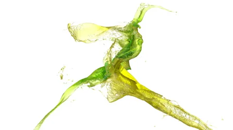 Green and yellow splashes collide in slow motion, isolated on white (FULL HD) Stockbeeldmateriaal 36587749