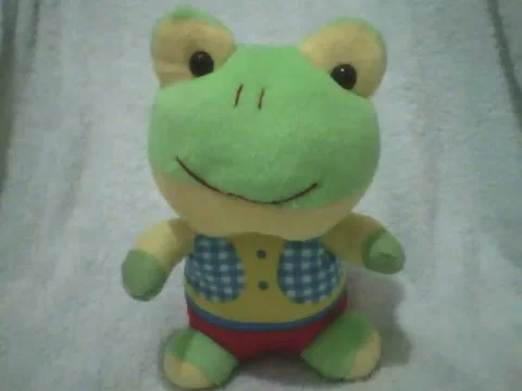 Green and yellow stuffed frog smiling, wearing a plaid shirt Stock Footage 162146445