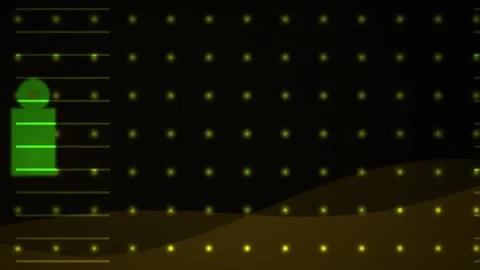 Green Android robot on black background with yellow dots and lines. Stock Footage 337514403