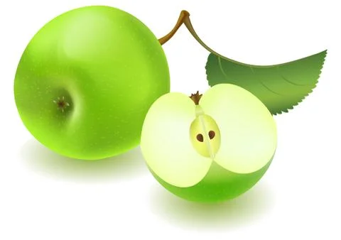 Green apple and slice with leaf Stock Illustration
