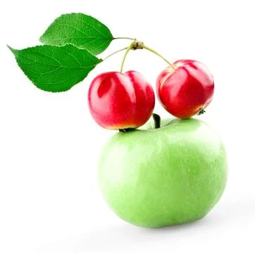Green apple and two mini apples with leafs Stock Photos