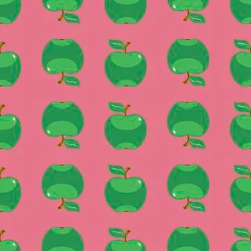 Green apple art seamless pattern on pink background Stock Illustration