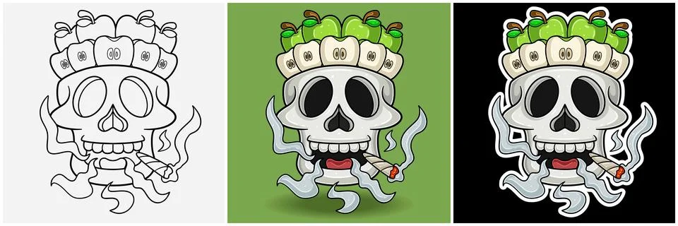 Green Apple Fruit Inside Skull Head With Smoking Character Cartoon. Black W.. Stock Illustration