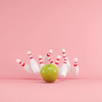 Green apple fruit strike with bowling on pink background. Stock Illustration