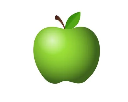 Green apple icon, shown with stem, single, leaf Stock Illustration