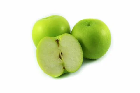Green apple isolate on white background / three green fresh fruit split 스톡 사진