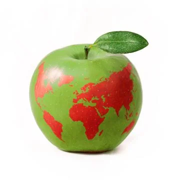 Green apple with red world map, isolated on white background Stock Photos