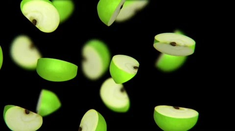 Green apple segments falling on black background, seamless loop, CG Stock Footage 65028519