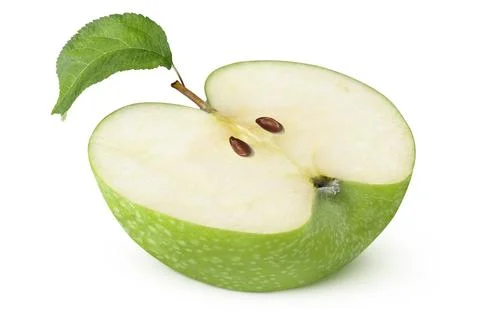 Green apple slice with leaf on isolated white background. Stock Photos