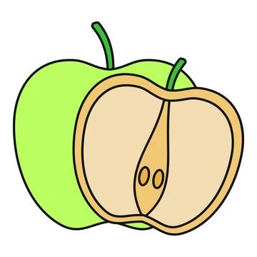 Green apple with slice showing core and seeds Illustrazione stock