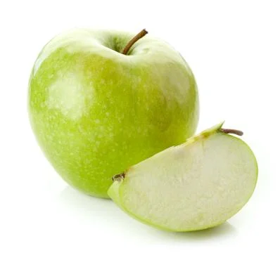 Green apple with slice on white background Stock Photos