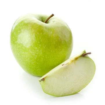 Green apple with slice on white background Stock Photos