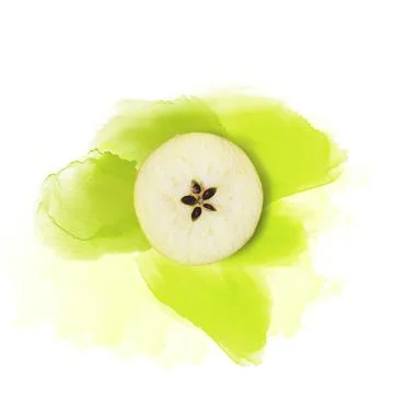 Green apple slice on white background, with watercolor splash; creative lay.. Stock Photos