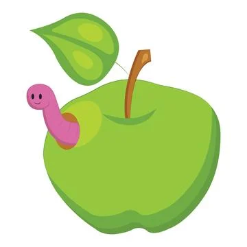 Green apple with a smiling worm. Vector illustration in cartoon style isola.. Stock Illustration