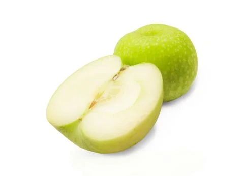 Green apple on white isolated with half cutting pieces Stock Photos