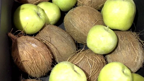 Green apples and coconuts in a kitchen sink. Stock Footage 87338557
