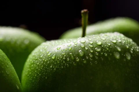 Green apples with drops on dark background Stock Photos