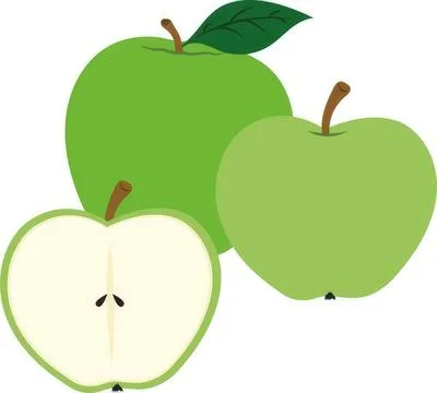 Green apples, one sliced open, and whole apples on white background Stock Illustration