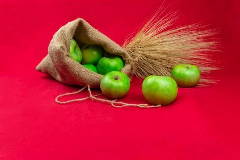 Green apples on a red background Stock Photos
