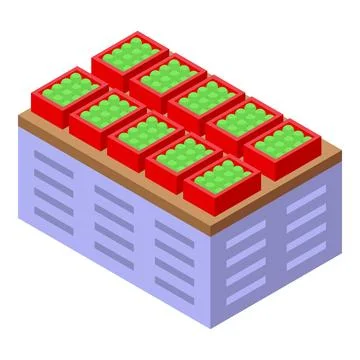 Green apples in red boxes stacked on a metal pallet in a warehouse Illustrazione stock