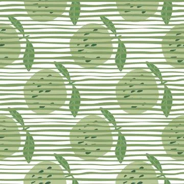 Green apples seamless pattern in doodle style on stripes background. Illustrazione stock